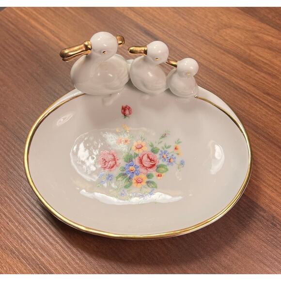 Vintage Gerold & Co Bavaria Duck Ring Dish Trinket Bowl Gold Trim Floral - Picture 3 of 11